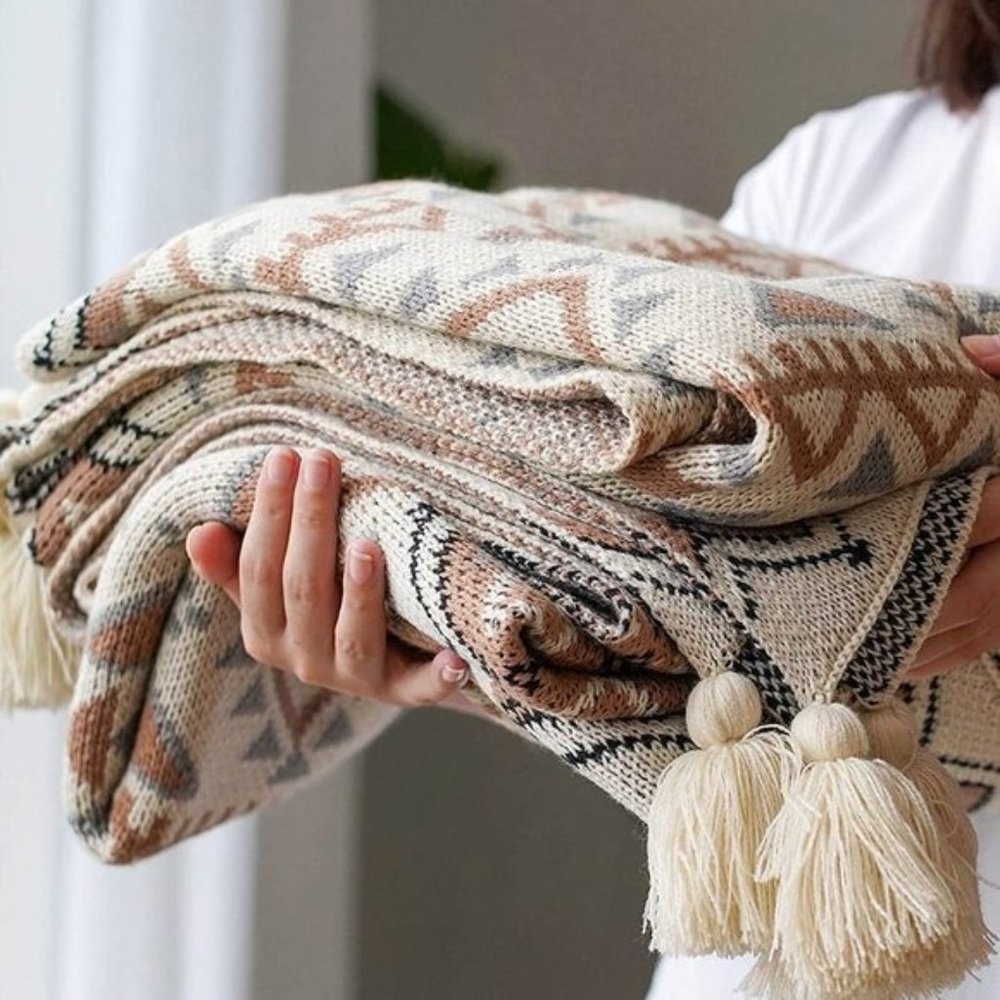 Boho Aztec Geometric Farmhouse Knitted Tassel Brown Soft Vintage Throw Blanket